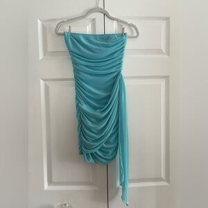 Strapless Ruched Aqua Blue Midi Dress